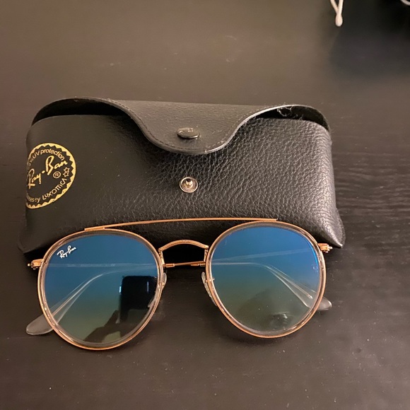 RAYBAN GOLD/BLUE ROUND DOUBLE BRIDGE SUNGLASSES
